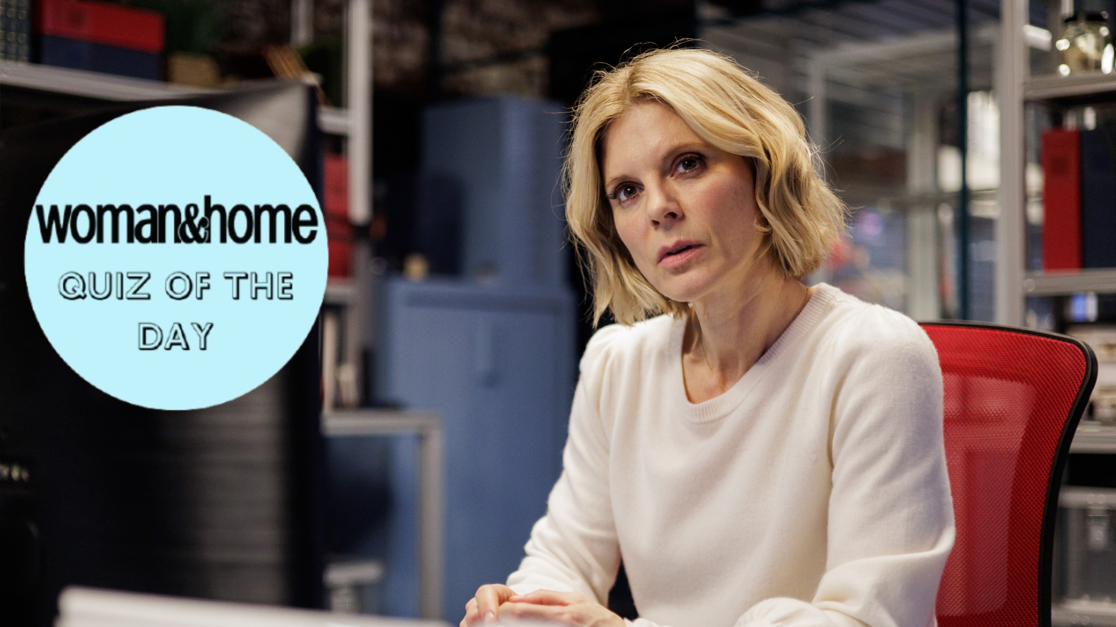 A picture of Dr Nikki Alexander wearing a white jumper, sitting at a desk in episode 2 of Silent Witness season 29, with a Woman&amp; Home Quiz of the Day roundel over the top