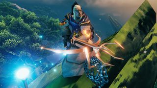 Valheim - A viking holding the Grappling Hook while standing in the Mistlands.