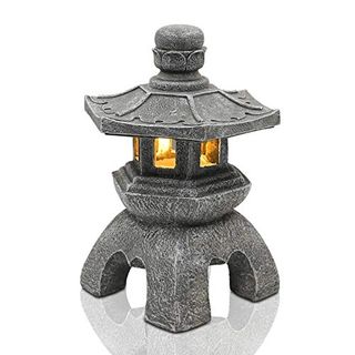 Goodeco Solar Pagoda Lantern Statue Garden Ornaments,outdoor/indoor Zen Asian Decor for Landscape Balcony,garden,patio,porch Yard Art Ornament Gifts,polyresin,gray Stone Finish