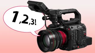 Canon EOS C400 with speech bubble saying "1,2,3!"