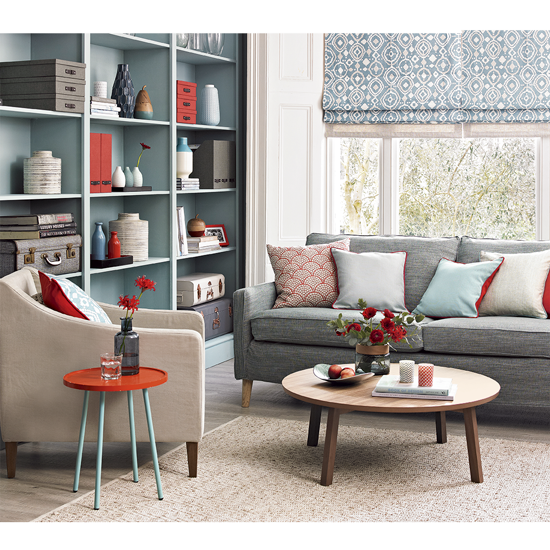 living room with wooden flooring and storage shelves