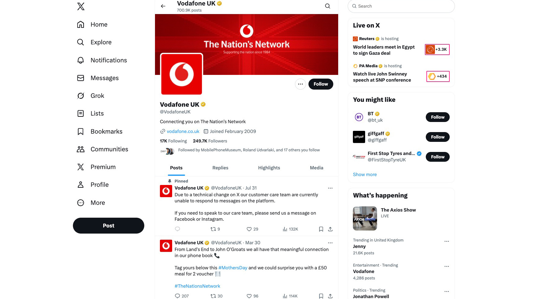 A screenshot of Vodafone UK&#039;s X profile
