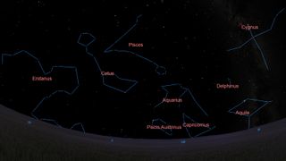 This sky map shows the "watery" constellations as seen from the Northern Hemisphere after midnight in autumn. 