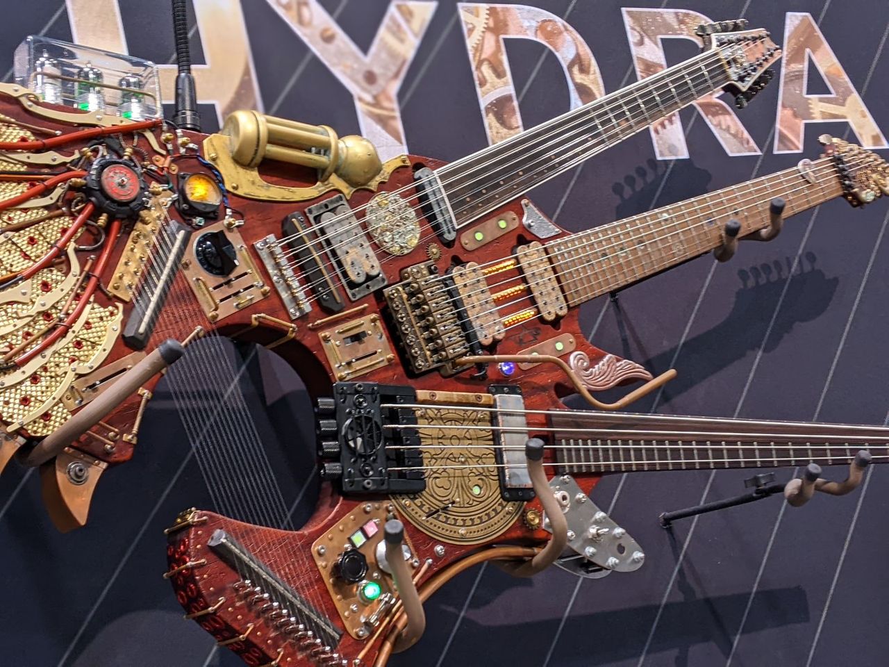 Steve Vai's triple-neck Ibanez Hydra guitar, as exhibited at NAMM 2022