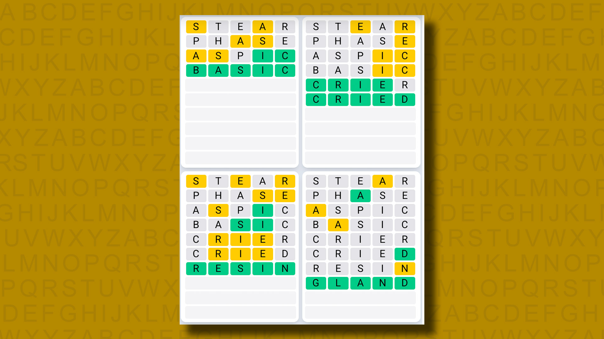 Quordle Daily Sequence answers for game 1198 on a yellow background
