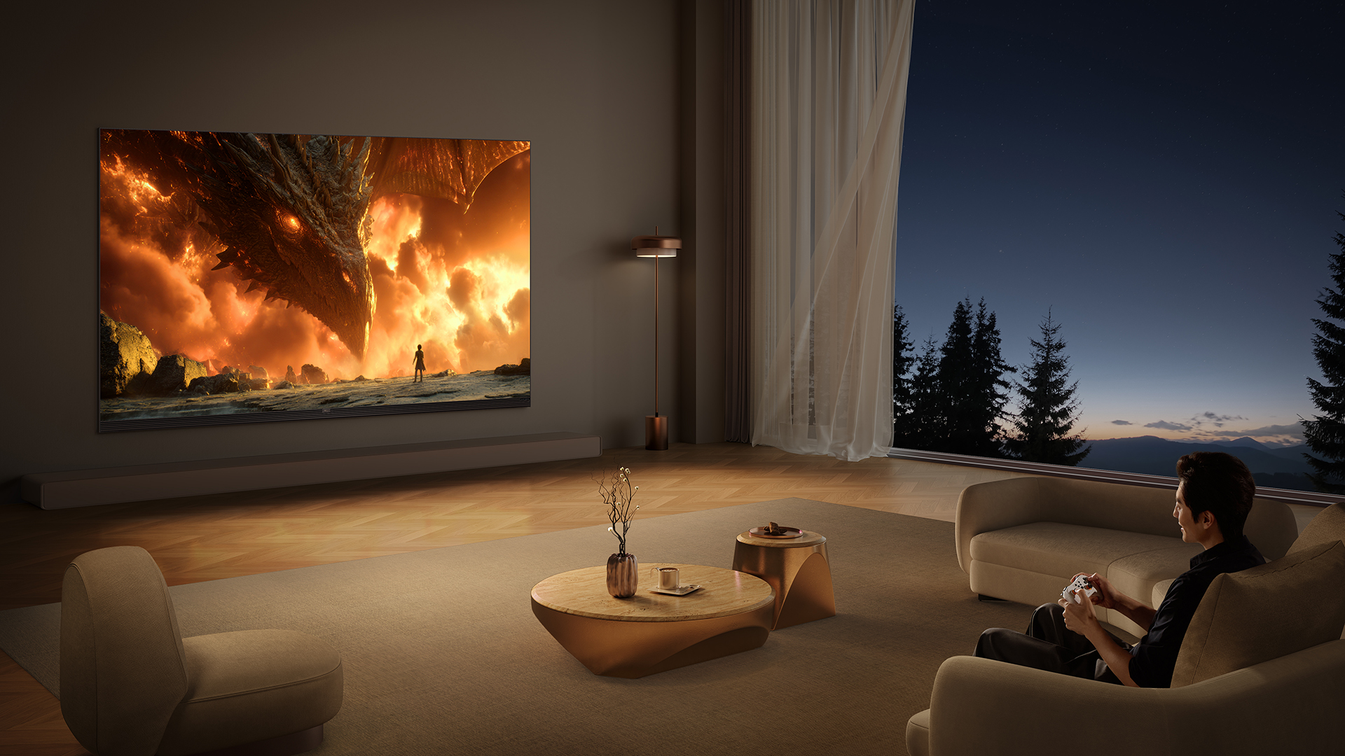 Man watching TCL X11L SQD Mini-LED TV in living room environment