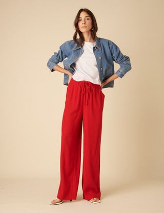 Red Linen-Blend Relaxed Trousers