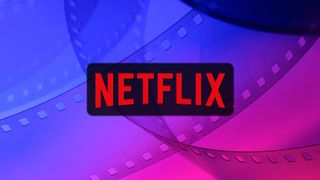 Netflix logo on a blue pink film reel background