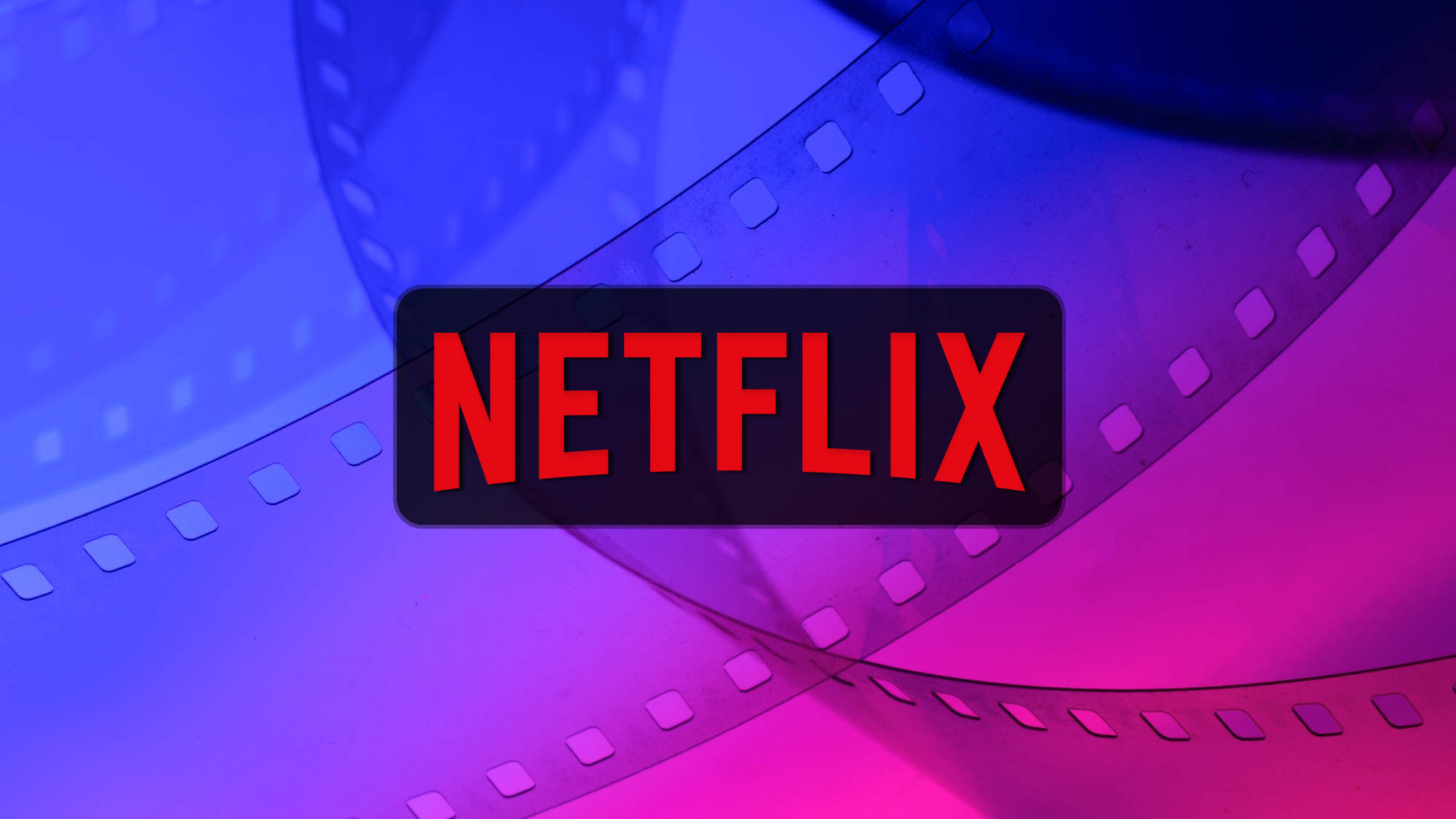 Netflix logo on a blue pink film reel background