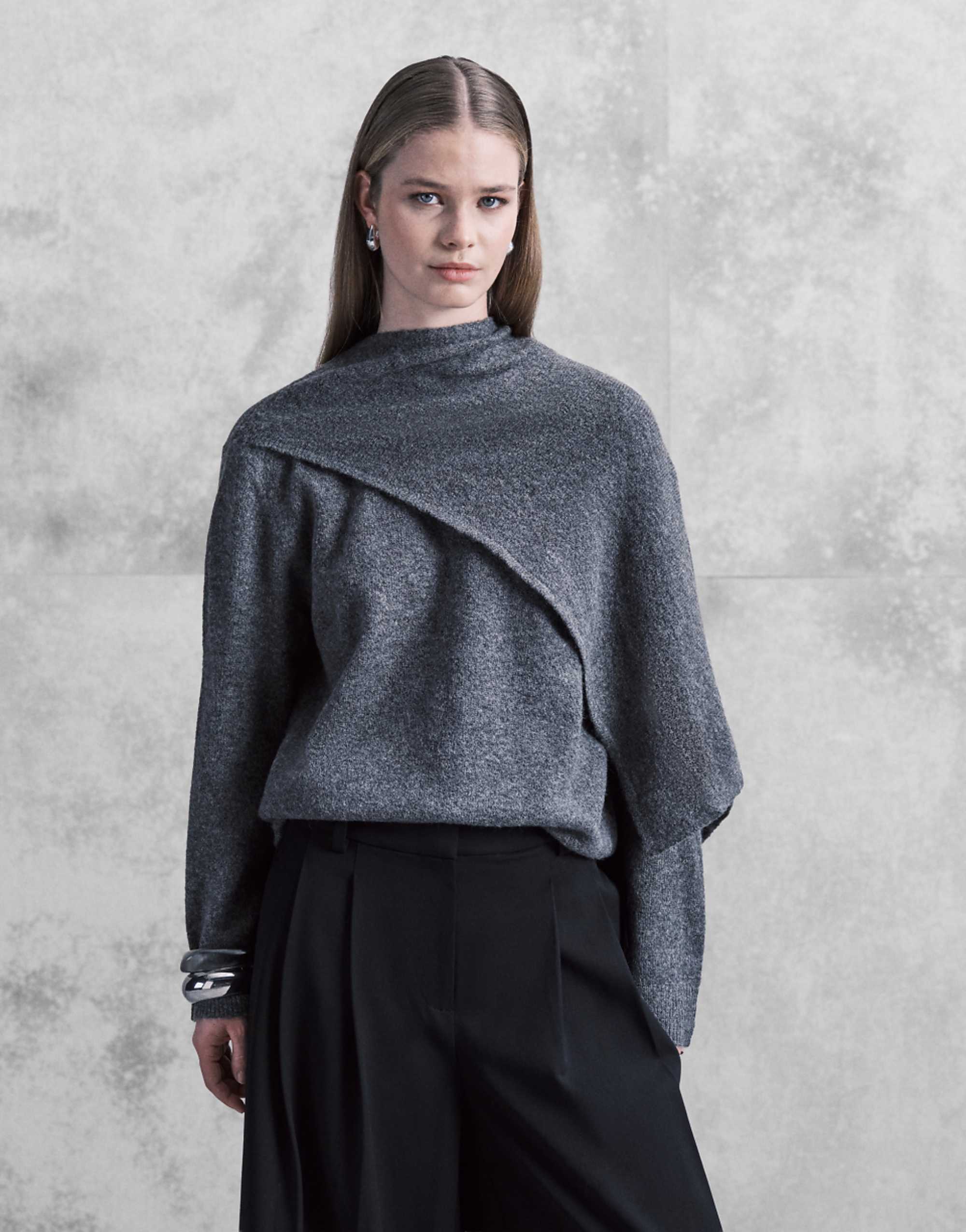 Jdy Scarf Detail Knitted Jumper in Dark Grey