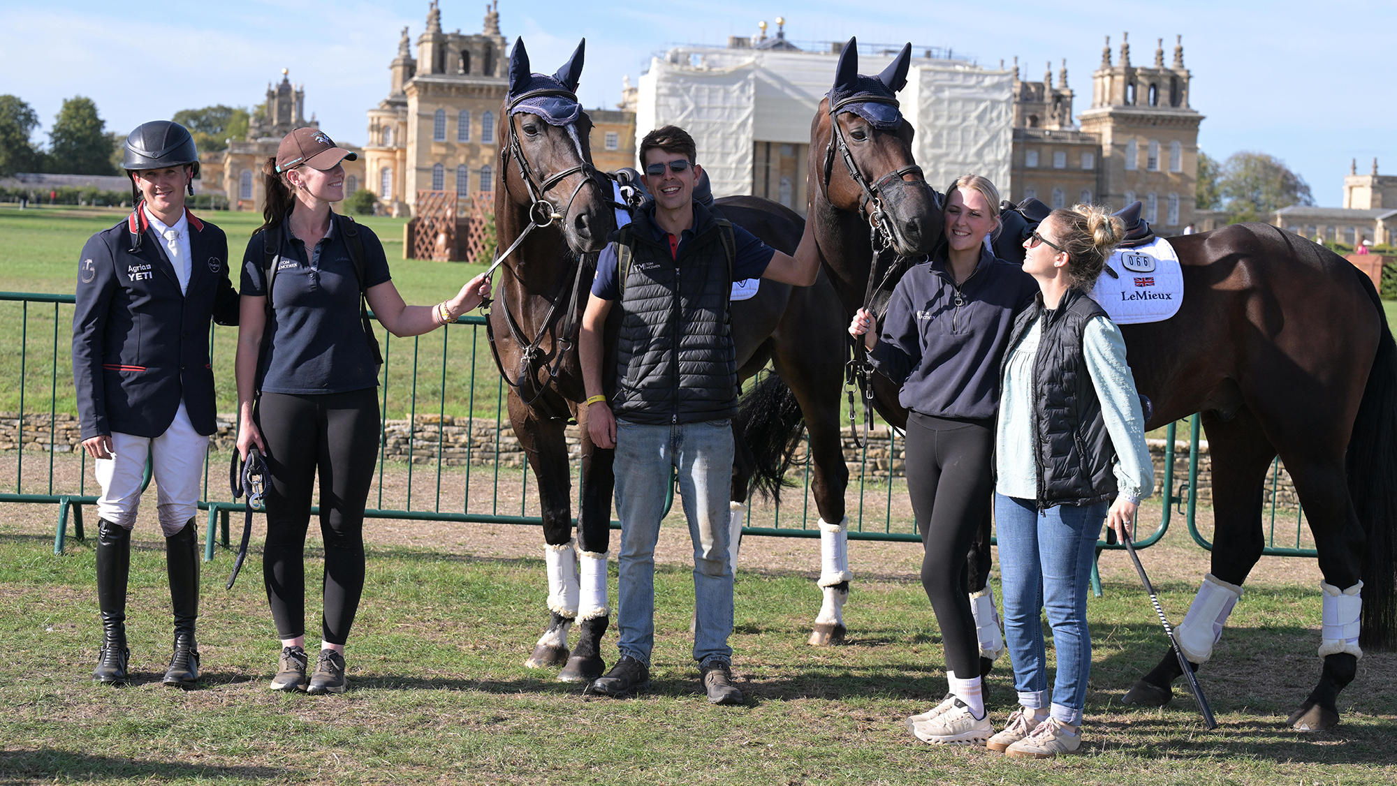 Tom McEwen and his grooms and two horses at Blenheim Horse Trials 2026