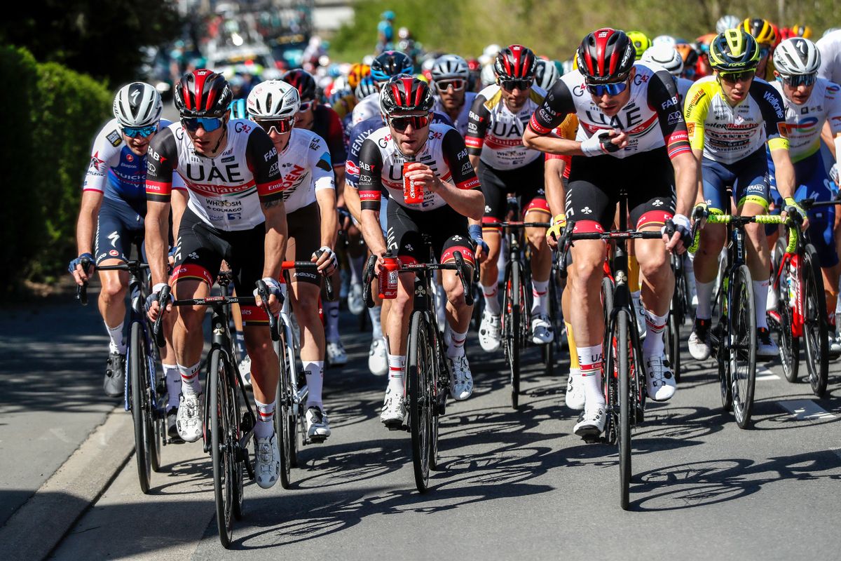 HUY, BELGIUM - APRIL 20: Marc Hirschi of Switzerland and UAE Team Emirates (C) competes during the 86th La FlÃ¨che Wallonne 2022 - Men&#039;s Elite a 201,1km one day race from Blegny to Mur de Huy 204m / #WorldTour / #FlecheWallonne / on April 20, 2022 in Huy, Belgium. (Photo by Bas Czerwinski/Getty Images)