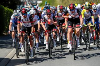 HUY, BELGIUM - APRIL 20: Marc Hirschi of Switzerland and UAE Team Emirates (C) competes during the 86th La FlÃ¨che Wallonne 2022 - Men's Elite a 201,1km one day race from Blegny to Mur de Huy 204m / #WorldTour / #FlecheWallonne / on April 20, 2022 in Huy, Belgium. (Photo by Bas Czerwinski/Getty Images)