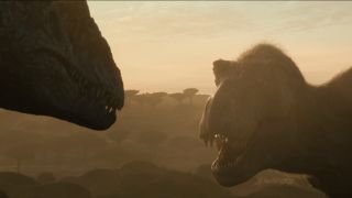 A prehistoric morning fight between the Giganotosaurus and Roberta the T-Rex in Jurassic World Dominion.