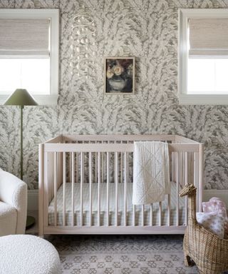 Studio McGee nursery crib, lampshade and artwork