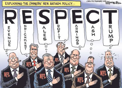 Political cartoon US NFL football national anthem protest Trump owners