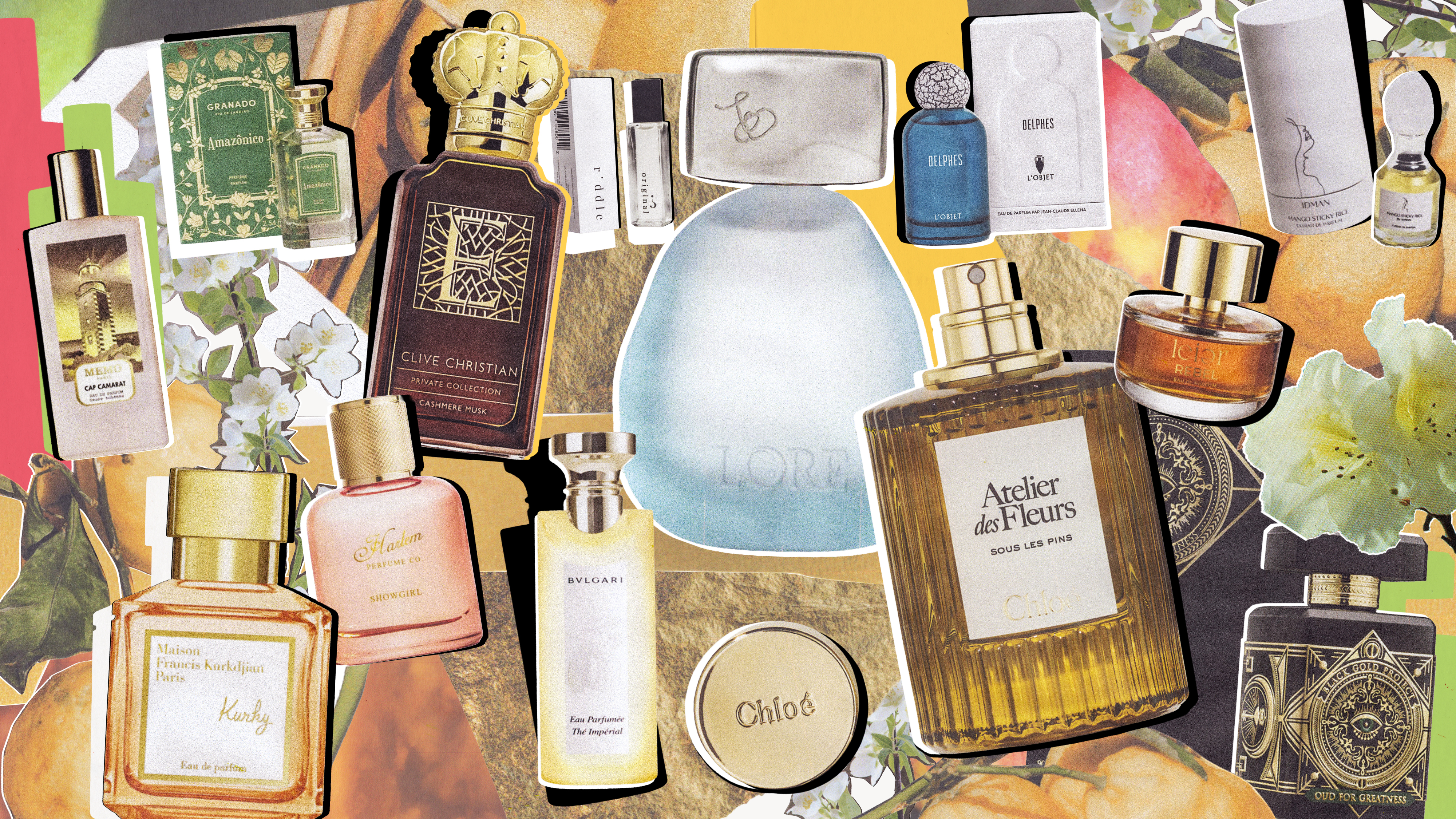 A collage of different glass fragrance bottles on an animated background with plants, flowers, and colors