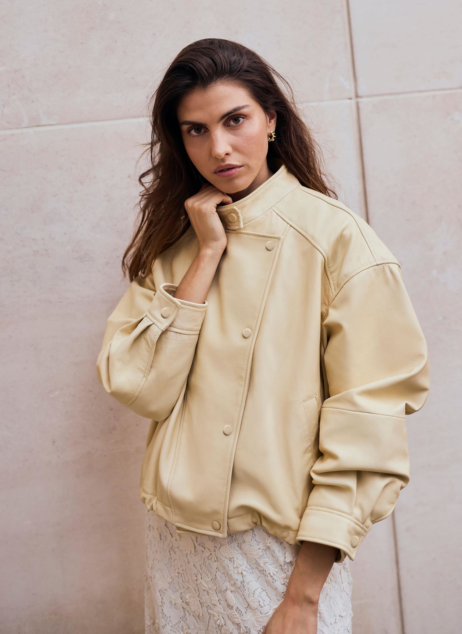 Butter Yellow Leather Cropped Pilot Bomber Jacket