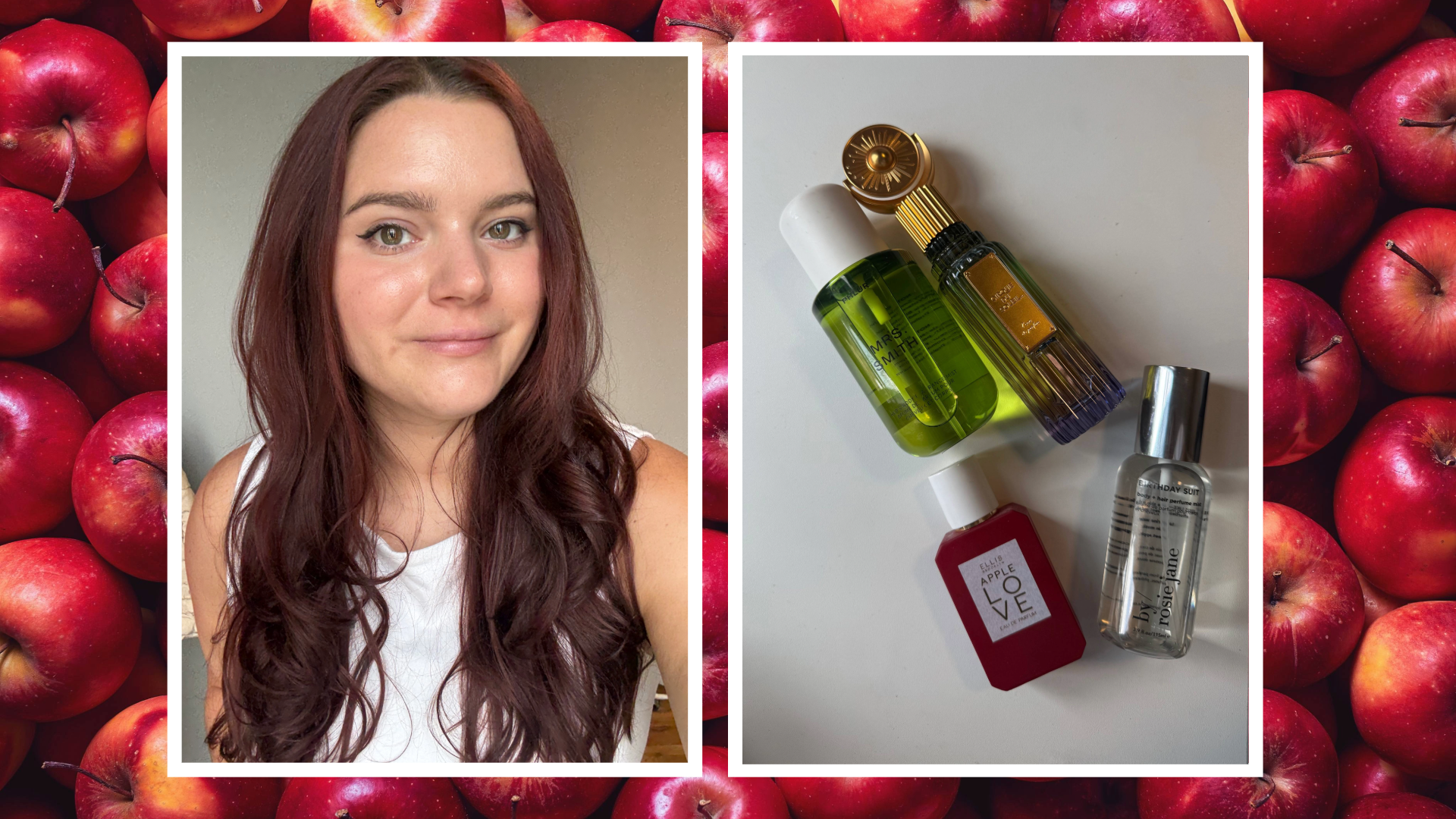 brooke knappenberger selfie and bottles of apple perfumes with white border overlaid background of red apples 