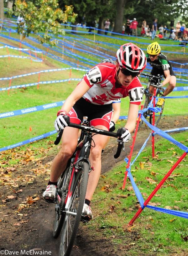 Olympian Lea Davison (Specialized) leading former Olympian Mary McConneloug through some curves
