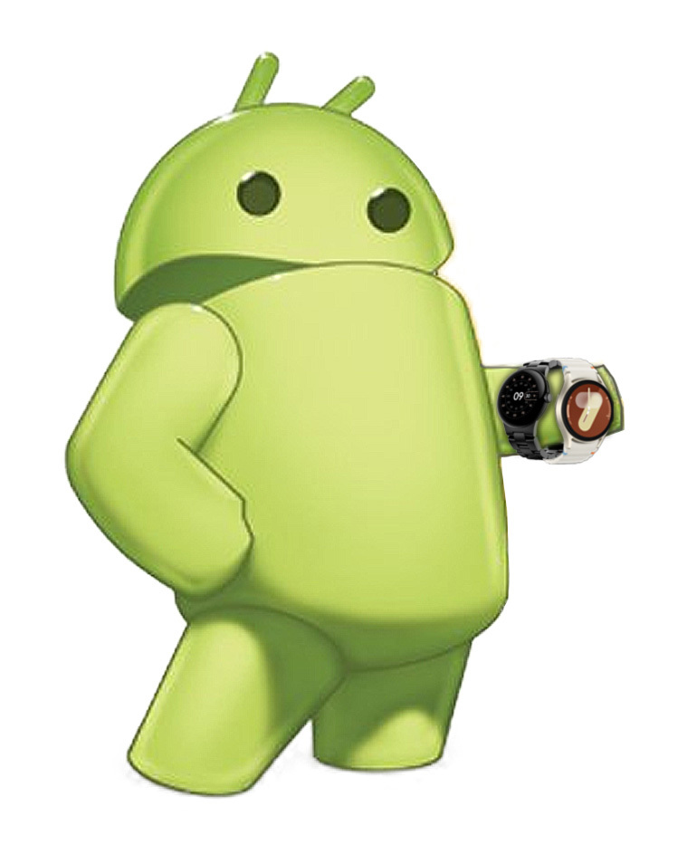 Android Lloyd Central Mascot con un reloj Galaxy y un píxel