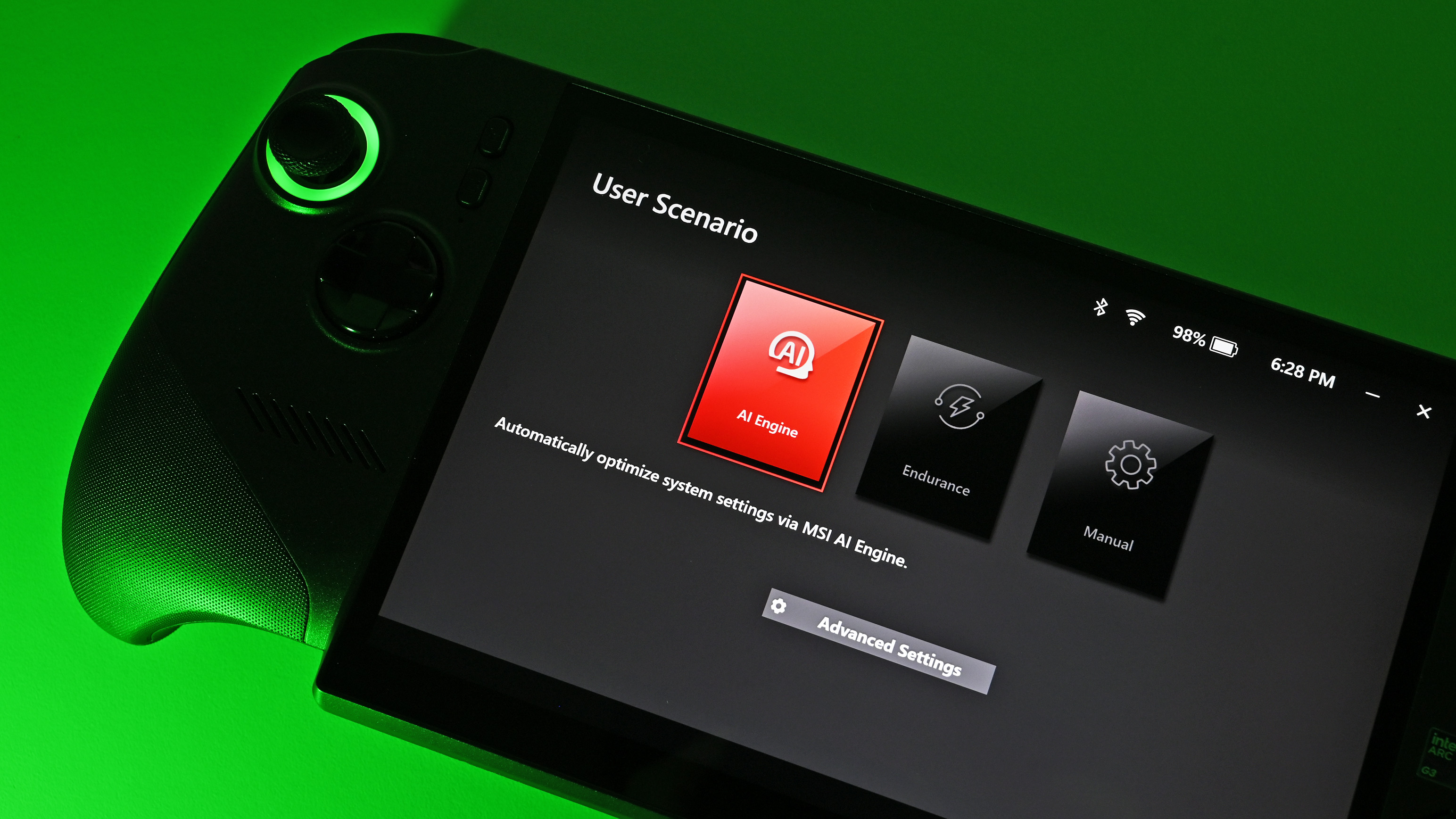 The device screen shows the User Scenario menu under green ambient lighting, featuring options for AI Engine, Endurance, and Manual performance modes.