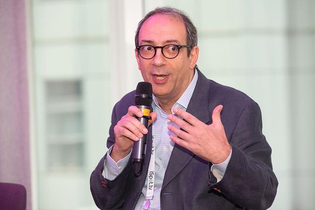 Dalet co-founder and CTO Stephane Guez speaks during the &ldquo;RIP Broadcast TV?&rdquo; panel.