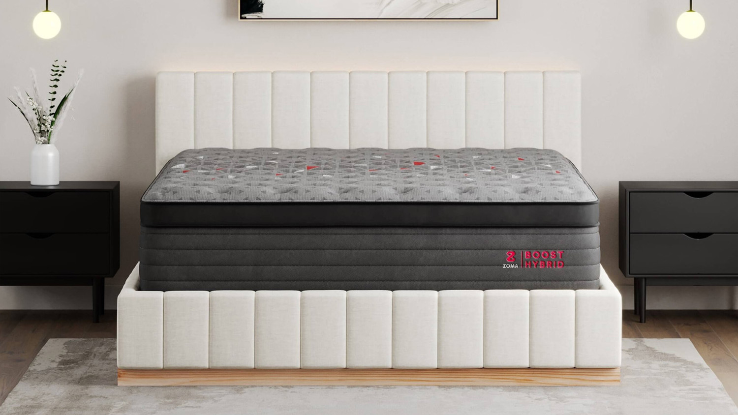 The Zoma Boost mattress on a bed, in a bedroom