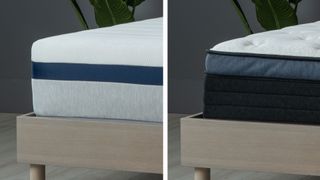 Close up of the Euro top on the Helix Midnight Luxe mattress (right) and tight top on the regular Midnight