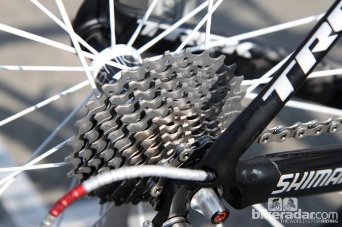 Fabian Cancellara's (Radioshack-Nissan-Leopard-Trek) Shimano Dura-Ace 11-25T 11-speed cassette features five titanium cogs to save weight.