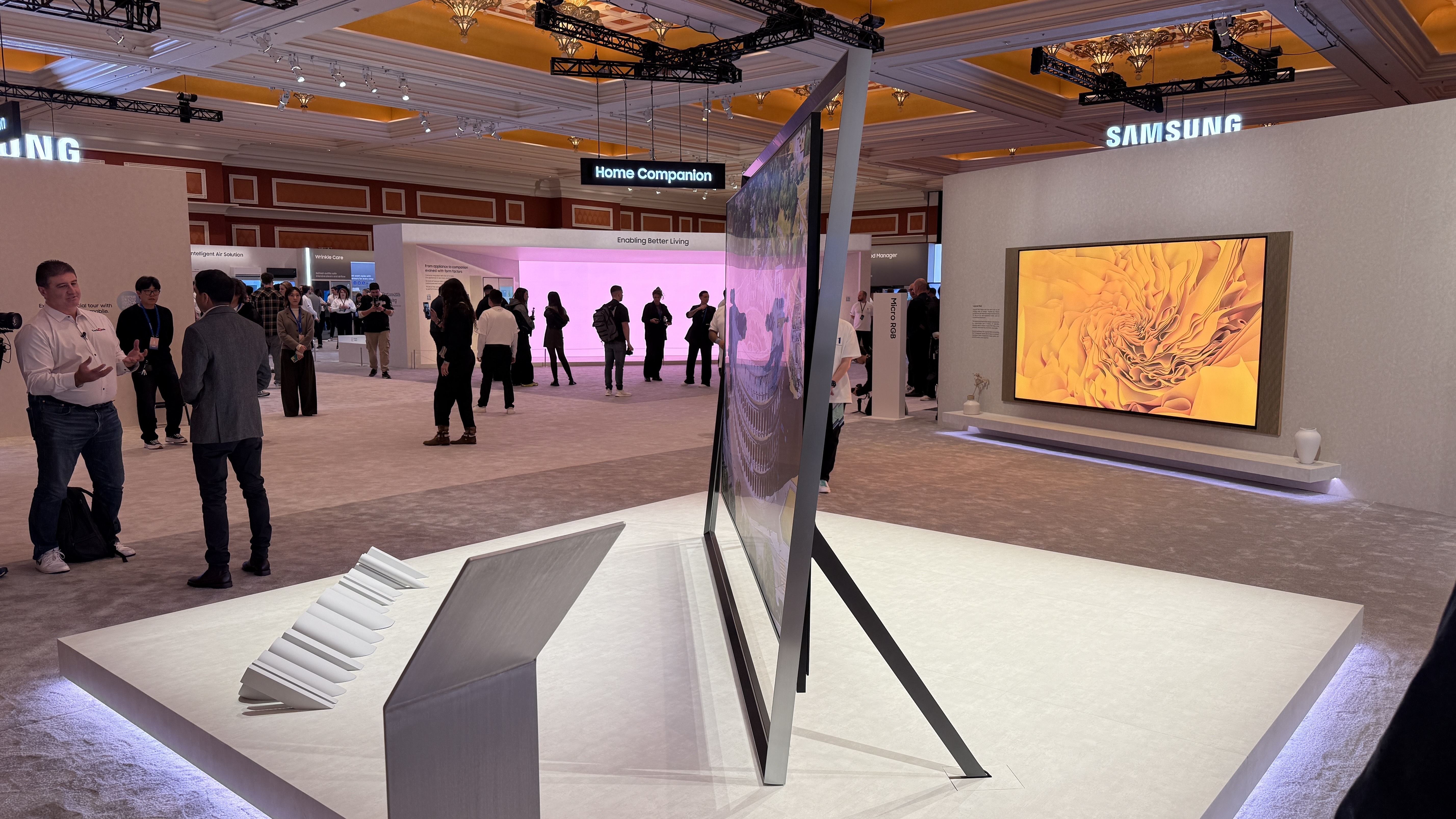 Samsung's Micro RGB TV at CES 2026 from the side, showing how the stand holds itself up