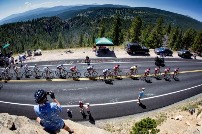 The peloton heads through the high mountains near Nederland at the USA Pro Challenge in Colorado.