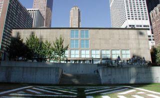 The MCA facade facing onto Lake Shore Park and Lake Michigan beyond