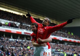 DERBY, ENGLAND - JANUARY 22: Robert Earnshaw of Nottingham Forest celebrates with Chris Gunter during the npower Championship match between Derby County and Nottingham Forest at Pride Park on January 22, 2011 in Derby, England. (Photo by Laurence Griffiths/Getty Images)