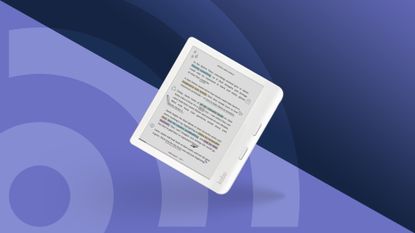 The best ereader pick of the Kobo Libra Colour in white on a purple and blue background