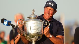 Phil Mickelson holds the Wanamaker Trophy after winning the 2021 PGA Championship