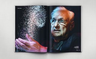 Two page image of elderly man on pages of book