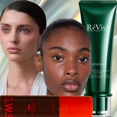 collage of models with clear skin next to skincare products like cleanser, moisturizer and a sunscreen