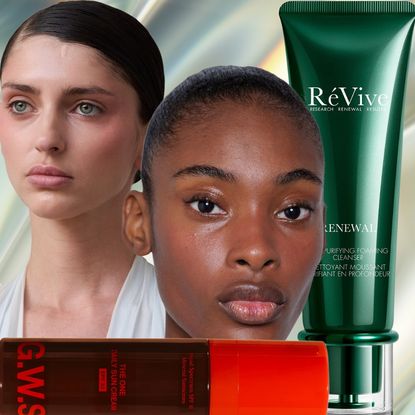 collage of models with clear skin next to skincare products like cleanser, moisturizer and a sunscreen