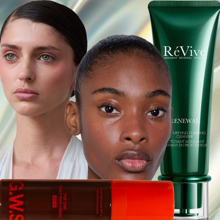 collage of models with clear skin next to skincare products like cleanser, moisturizer and a sunscreen