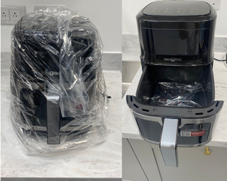 An image depicting the amount of plastic wrapping used to protect the Paris Rhone air fryer