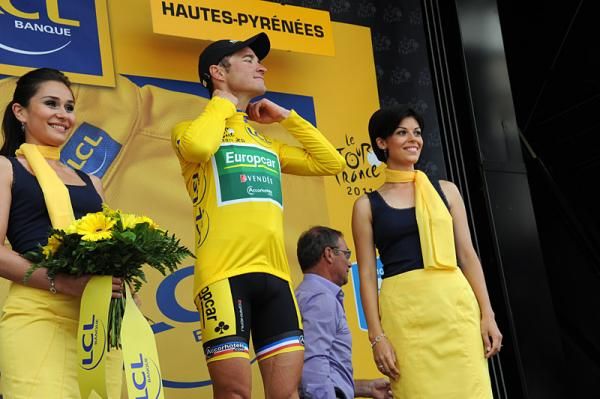 Thomas Voeckler (Europcar) dons the yellow jersey in Lourdes.