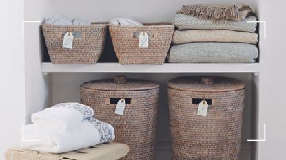 laundry closet with labeled baskets to show thoughtful home organization ideas to create order