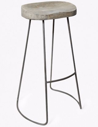 Grey wooded seater bar stool with curved metal frame legs