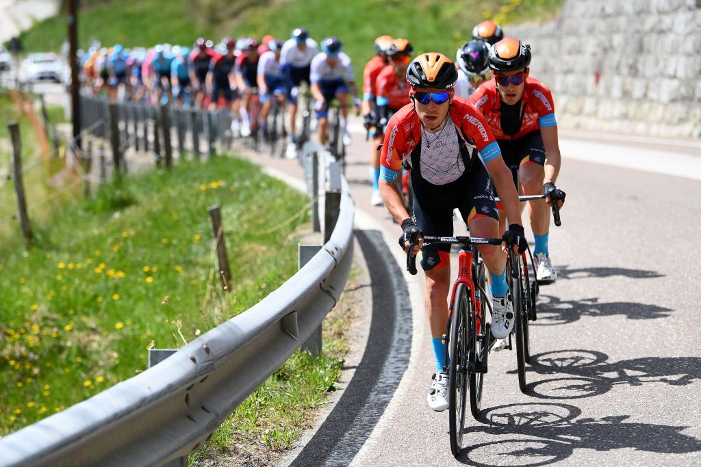 SAN MARTINO DI CASTROZZA ITALY APRIL 18 Hermann Pernsteiner of Austria and Team Bahrain Victorious leads the peloton during the 45th Tour of the Alps 2022 Stage 1 a 1609km stage from Cles to PrimieroS Martino di Castrozza 708m TouroftheAlps on April 18 2022 in San Martino di Castrozza Italy Photo by Tim de WaeleGetty Images