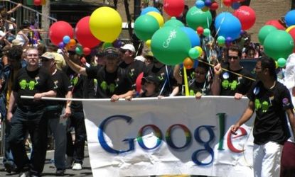 Google represents at the 2010 San Francisco Pride parade: The tech giant is taking its gay rights campaign worldwide with "Legalize Love" pushes in Singapore and Poland.