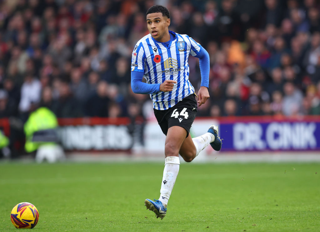 Sheffield Wednesday's Shea Charles in action during the Sky Bet Championship match between Sheffield United FC and Sheffield Wednesday FC at Bramall Lane on November 10, 2024 in Sheffield, England.