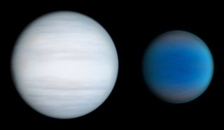 This artist's illustration shows a comparison of the two alien planets discovered to orbit twin stars in the Kepler-47 system. The smaller planet is up to 4.6 times the Earth's diameter. The larger world is likely slightly larger than Uranus.