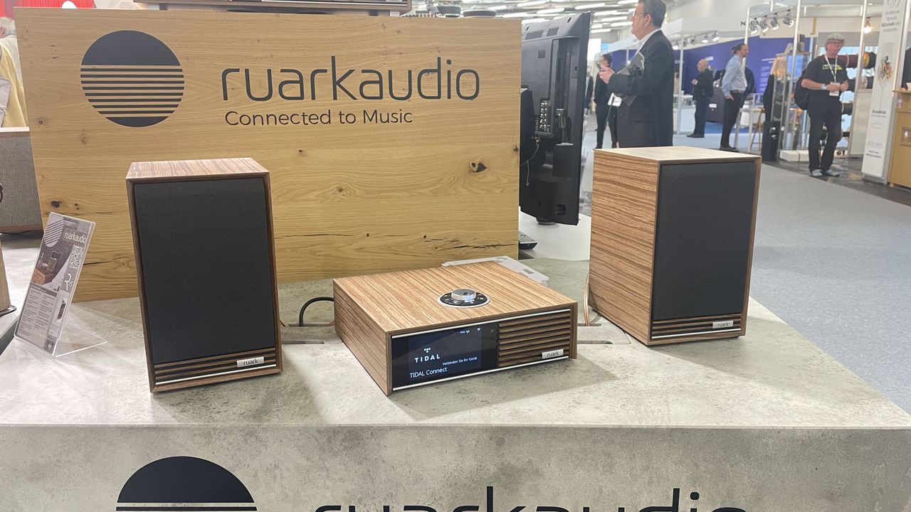 Ruark Audio R610 and Sabre-R bookshelf speakers on show stand display