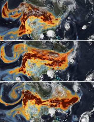 Three satellite maps from Sept. 14, 15 and 16 show the gargantuan smoke plume from the West Coast wildfires brushing past hurricanes in the Gulf Coast and East Coast.